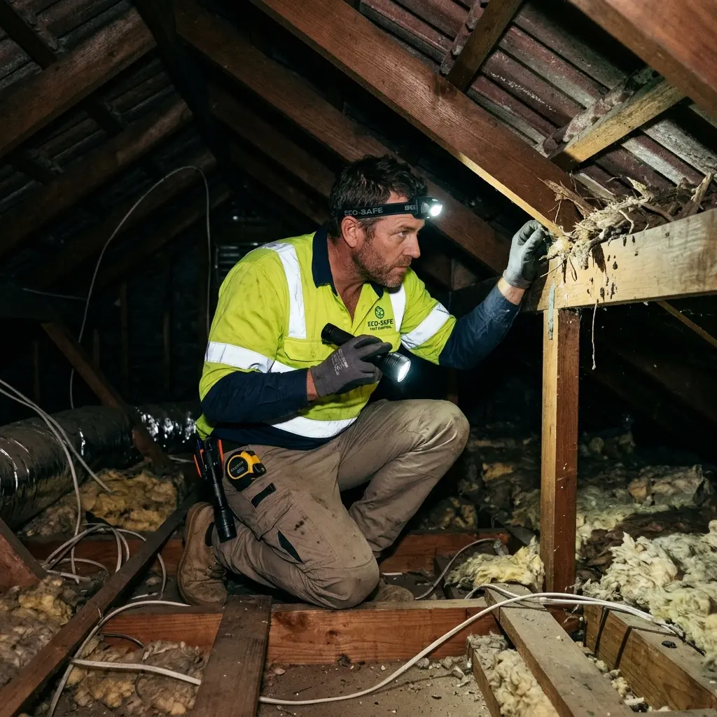 Technician inspecting a Rye roof cavity for a dead possum